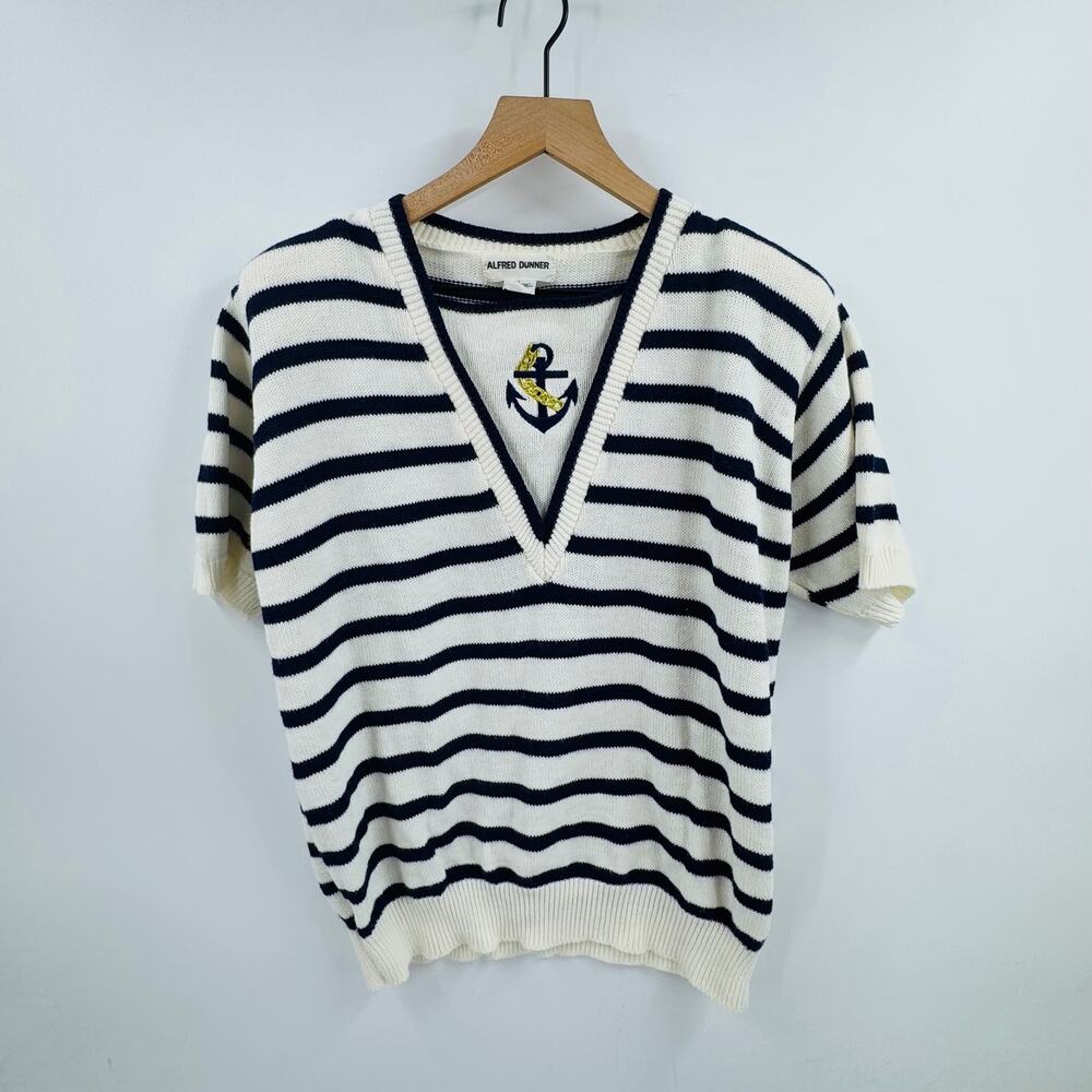 Vintage‎ Alfred Dunner Nautical Stripe Sweater Anchor Embroidery Size L Coastal